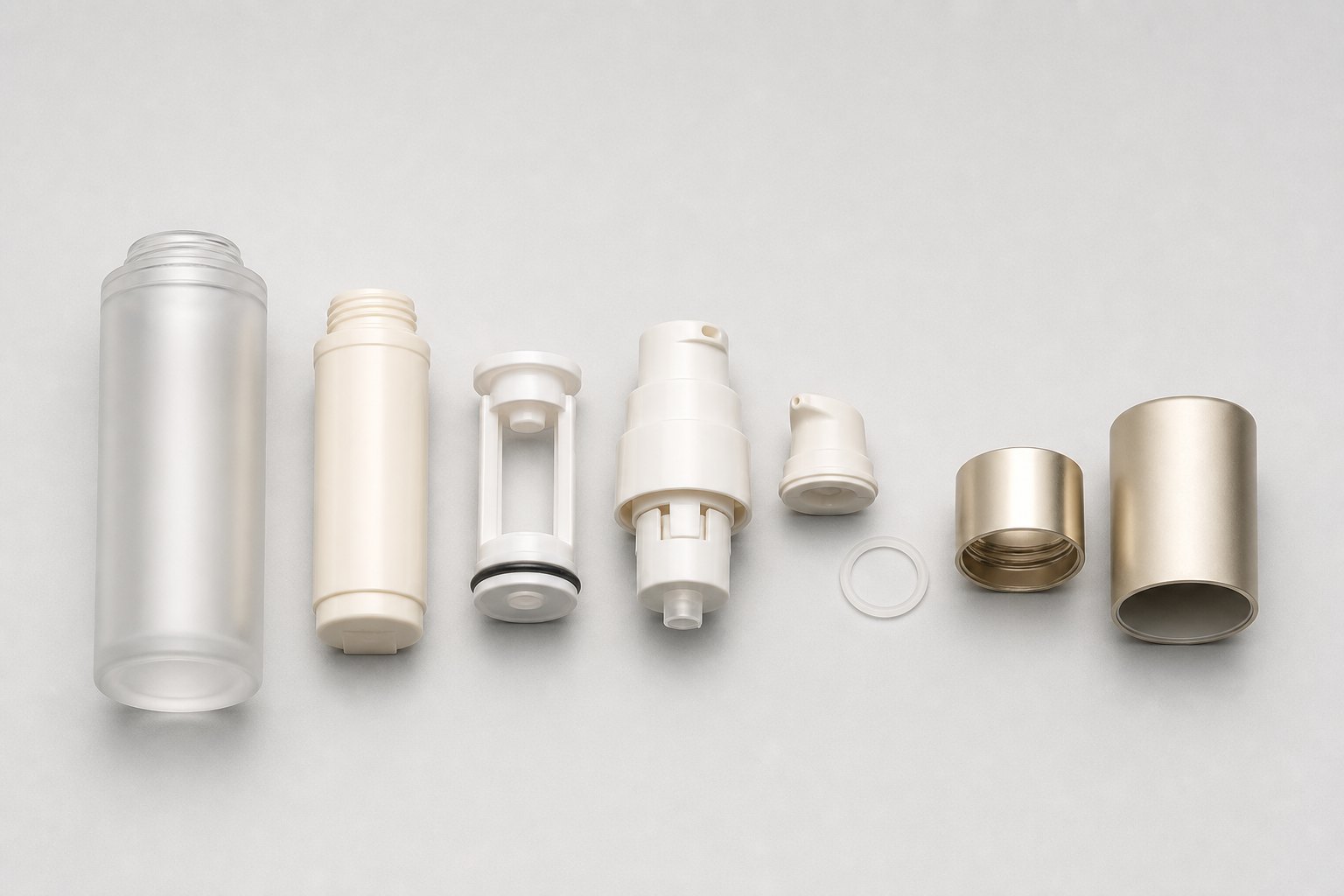 Airless skincare pump and refill cartridge components
